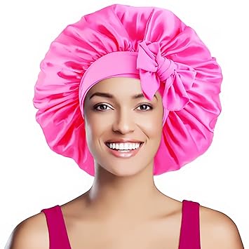 Photo 1 of VEABEST Satin Bonnet Silk Bonnet Adjustable Bonnet for Sleeping Jumbo Satin Bonnet With Tie Band for long Curly Braid Hair (Rose Red)
