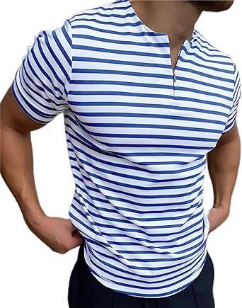 Photo 1 of Beotyshow Mens Striped T Shirt Zipper Cotton Short Sleeve Slim Fit Shirts Casual Muscle T-Shirt / SIZE XL