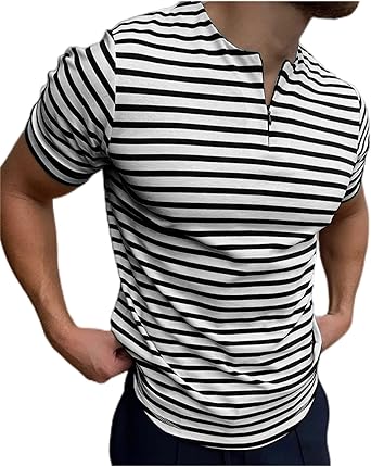 Photo 1 of Beotyshow Mens Striped T Shirt Zipper Cotton Short Sleeve Slim Fit Shirts Casual Muscle T-Shirt