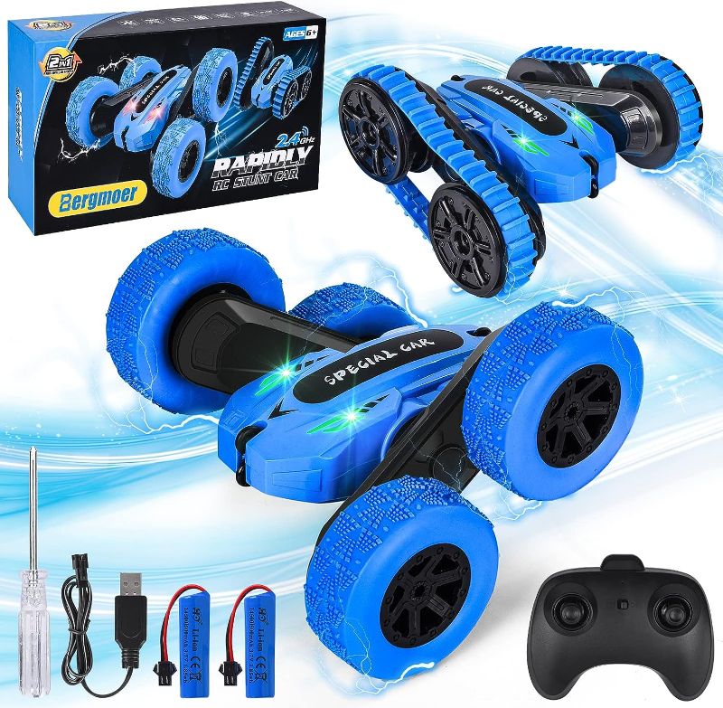 Photo 1 of Bergmoer 2in1 Remote Control Car 4WD, Off Road RC Cars 2.4Ghz Double Sided 360° Rotating, RC Stunt Car with 2 Rechargeable Batteries, Car Toys RC Car Birthday Xmas Gifts for Kids Boys