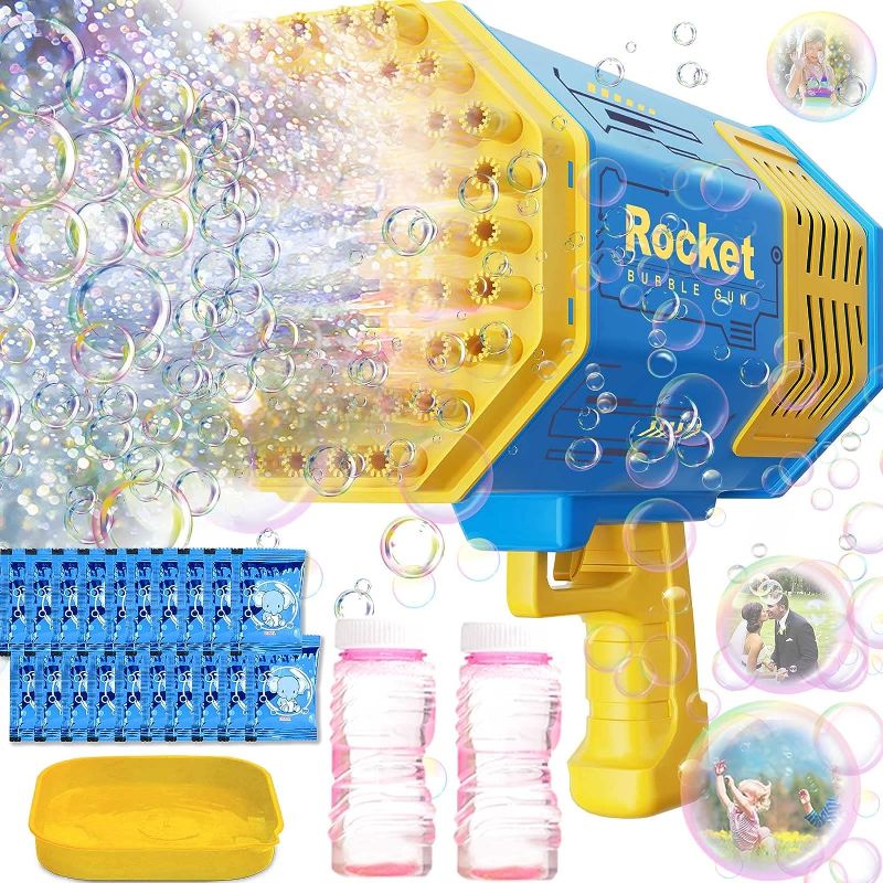 Photo 1 of 69 Holes Bazooka Bubble Gun, Bubble Machine Gun 5000 Bubbles per Minutes, with 2 Bubble Solution 20 Packs Concentrate - Yellow & Blue
