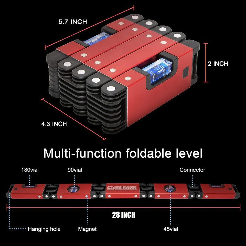 Photo 1 of  Foldable Level, 5 Sections Measuring Folding Level Tool with 4 Easy-Read Level Bubbles 45°/90°/180°, Powerful Measurement Tools, Magnetic Level for Carpenters, Woodworkers, Fabricators