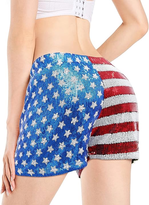 Photo 1 of  4th of July Shorts Women Patriotic Shorts Star Stripes Sequins Elastic Waist Shiny Metallic Shorts SIZE LARGE