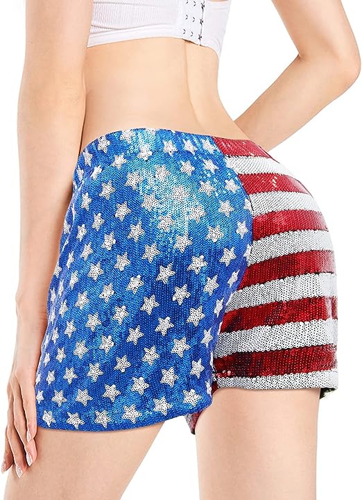 Photo 1 of  4th of July Shorts Women Patriotic Shorts Star Stripes Sequins Elastic Waist Shiny Metallic Shorts