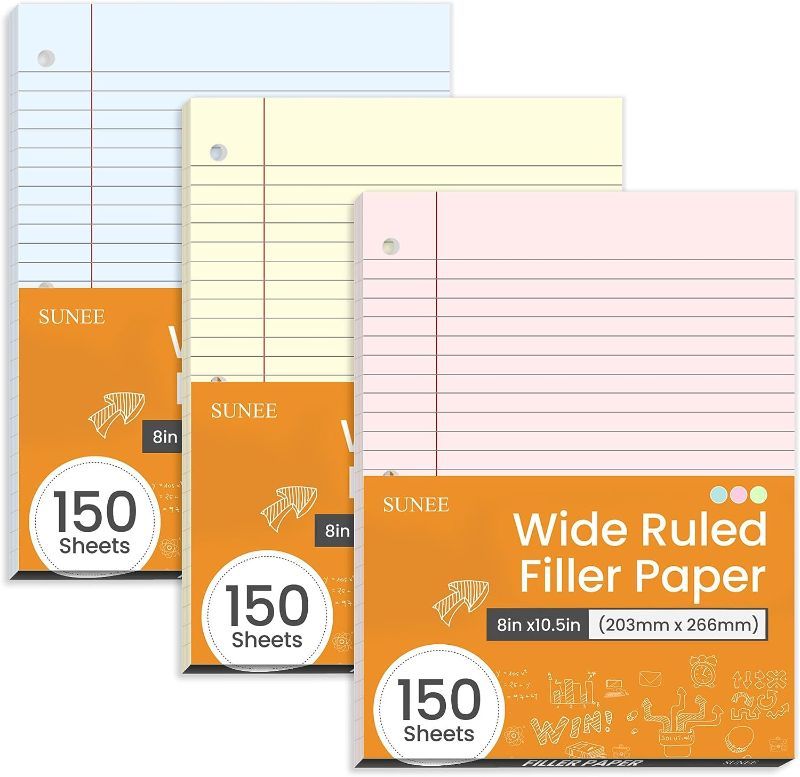 Photo 1 of SUNEE Colored Filler Paper, 8 x 10-1/2 Inch Wide Ruled Paper, 3 Hole Punch Filler Paper, Loose Leaf Notebook Paper for 3 Ring Binders, 150 Sheets/3 Pack
