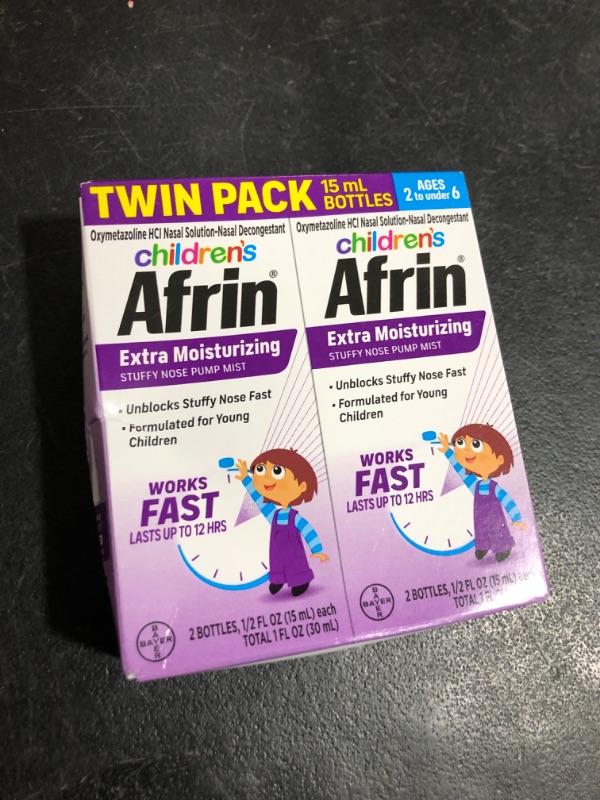 Photo 2 of Afrin Childrens, Extra Moisturizing Stuffy Kids Nasal Spray Pump Mist, Up to 12 Hour Nasal Congestion Relief for Cold or Allergy Symptoms, for Children Ages 2-6 - Twin Pack, 30 mL