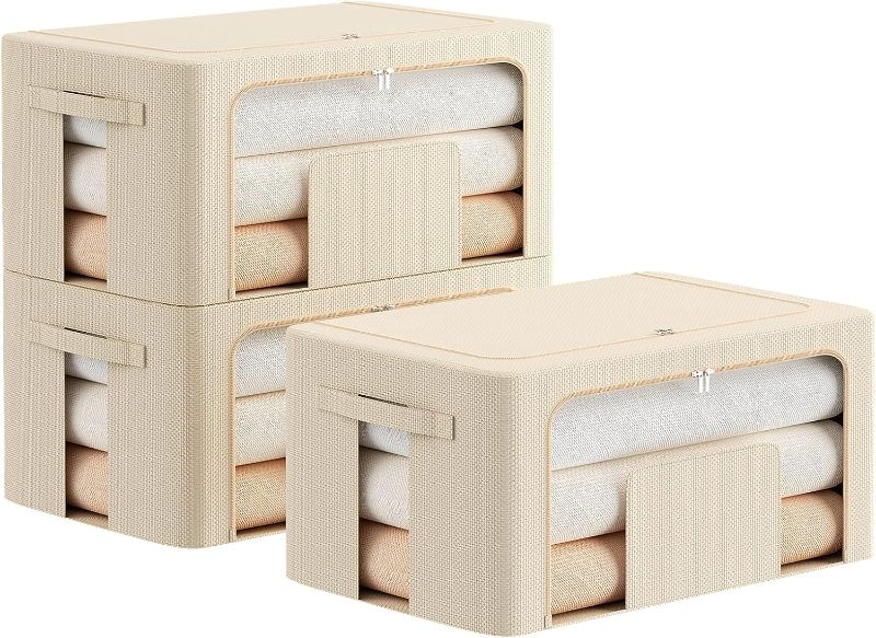 Photo 1 of  3 Pack Stackable Storage Bins- Foldable Metal Frame Storage Box Stackable Fabric Clothes Container Organizer with clear Window & Carry Handles (22L, Beige)