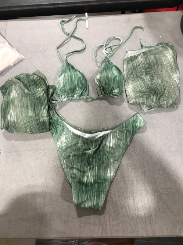 Photo 1 of Cozyease Women's 4Pcs Allover Print Knot Front Triangle Bikini Swimsuit with Cover Up Set Small Dark Green