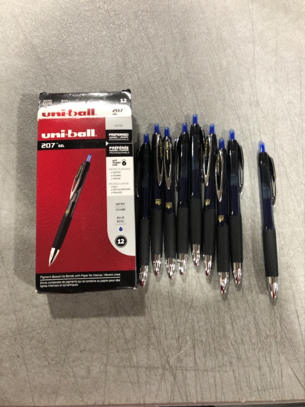 Photo 2 of Uni-Ball Signo 207 Gel Pen, Retractable, Micro 0.5 mm, Blue Ink, Smoke/Black/Blue Barrel, Dozen