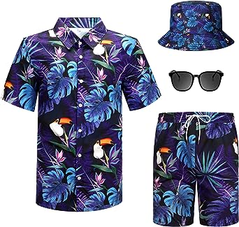 Photo 1 of 4Pcs Men's L Hawaiian Shirt and Short Set Casual Button Down Summer Beach Flower Outfits with Bucket Hats and Sunglasses 