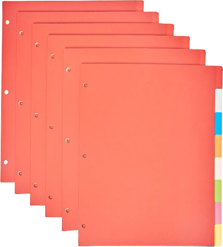 Photo 1 of Amazon Basics 3-Ring Binder Plastic Divider Set, 3-Hole Punched Letter Size 8-Tab Dividers, 6 Pack, Assorted Color