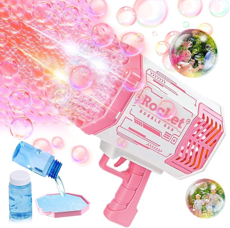 Photo 1 of  Bubble Machine Gun, 69 Holes Rocket Bubble Gun with Colorful Lights,Bubble Machine Bubble Maker Bubble Blower Bubble Guns for Kids Summer Outdoor Play Birthday Wedding Party [Pink]