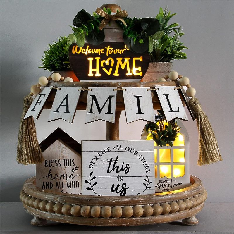 Photo 1 of 14 PCS Luminous Tiered Tray Decor Farmhouse Home Wooden Signs(Lithium battery contained) Classic FAMILY Tray Decor For Home Tabletop Kitchen Farmhouse Decorations(Classic)
