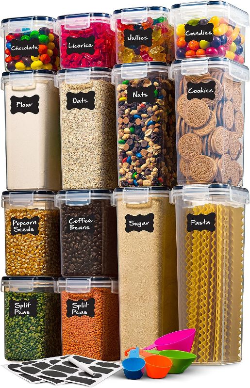 Photo 1 of 14 Pack Airtight Food Storage Container Set - BPA Free Clear Plastic Kitchen and Pantry Organization Canisters with Durable Lids for Cereal, Dry Food Flour & Sugar - Labels, Marker & Spoon Set
