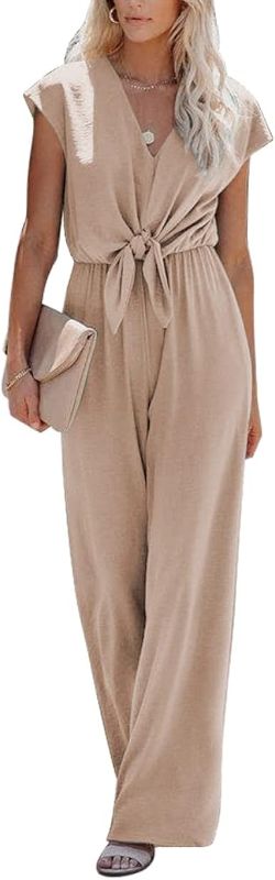 Photo 1 of Yuebin Women's V Neck Backless Casual Loose Sleeveless Tie Wide Leg Pants Set Jumpsuit 