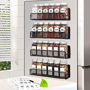 Photo 1 of 4 Pack Magnetic Spice Rack Organizer with 24 Glass Spice Jars-Moveable Magnetic Shelf for Refrigerator- 4 oz Spice Containers with Labels, Medium, Metal Black 