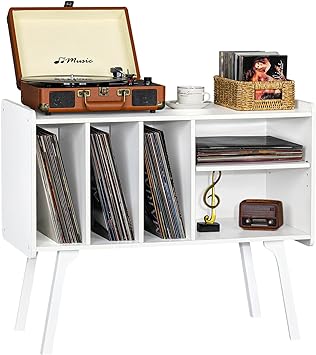 Photo 1 of Lerliuo Record Player Stand with 4 Cabinet Holds Up to 220 Albums, Large Turntable Stand with Beech Wood Legs, Mid-Century Record Player Table,White Vinyl Holder Storage Shelf for Bedroom Living Room