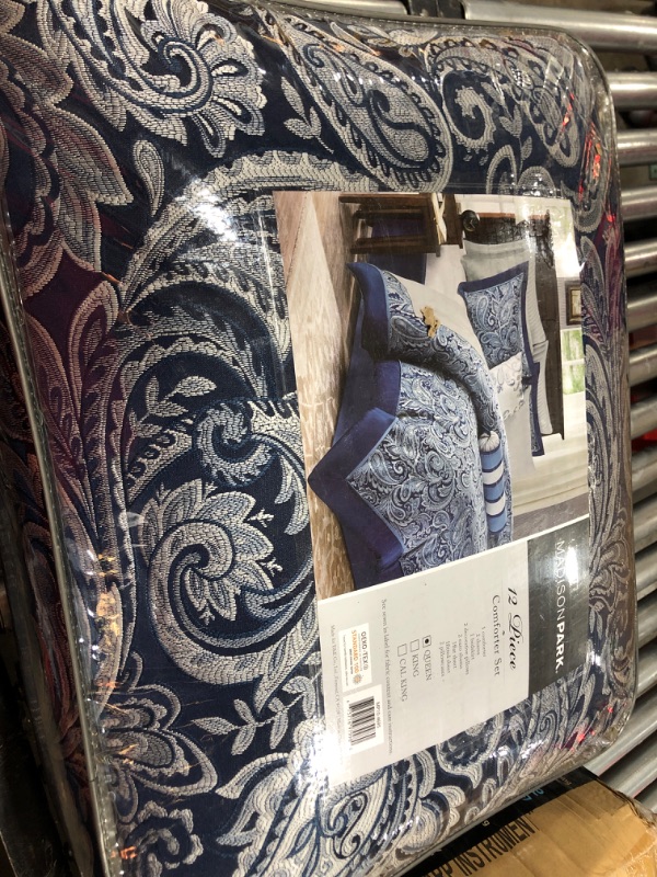 Photo 1 of Madison Park Aubrey Queen Size Bed Comforter Set Bed in A Bag – 12 Pieces Bedding Sets & Aubrey Faux Silk Paisley Jacquard, Rod Pocket Curtain with Privacy Lining, 50" x 95", Navy