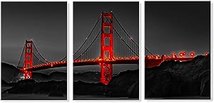 Photo 1 of 3 piece Large Black and Red Wall Art Set Golden Gate Bridge Skyline Canvas Wall Art San Francisco Bay Area Landscape Pictures Prints Artwork for Office decor Living Room Bedroom Decoration Poster Framed 20"x28"x3pcs
