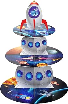 Photo 1 of 3 Tiers Rocket Space Station Cupcake Stand Outer Space Birthday Party Cardboard Cupcake Holder Decorations Galaxy Party Dessert Tower Solar System Party Supplies for Kids Space Themed Baby Shower
