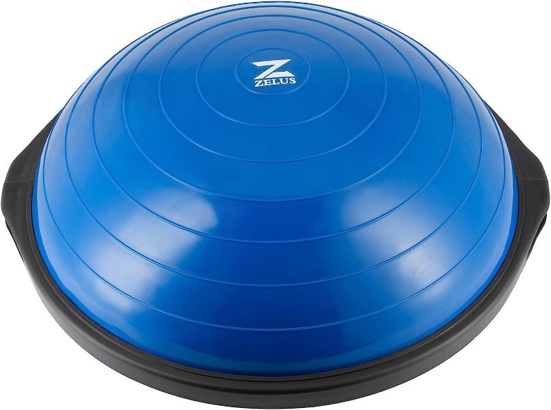 Photo 1 of ZELUS 25in. Balance Ball | 1500lb Inflatable Half Exercise Ball Wobble Board Balance Trainer w Nonslip Base | Half Yoga Ball Strength Training Equipment w 2 Bands, Pump, Extra Ball Included
