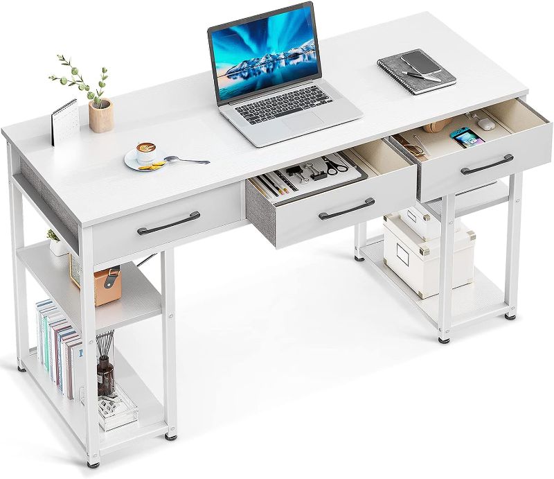 Photo 1 of ODK Office Small Computer Desk: Home Table with Fabric Drawers & Storage Shelves, Modern Writing Desk, White, 48"x16"
