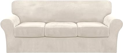 Photo 1 of 4 Piece Sofa Covers Velvet Couch Covers for 3 Cushion Couch Stretch Sofa Slipcover with Individual Seat Cushion Covers Elastic Furniture Protector for Pets, Machine Washable (Sofa, Ivory)
