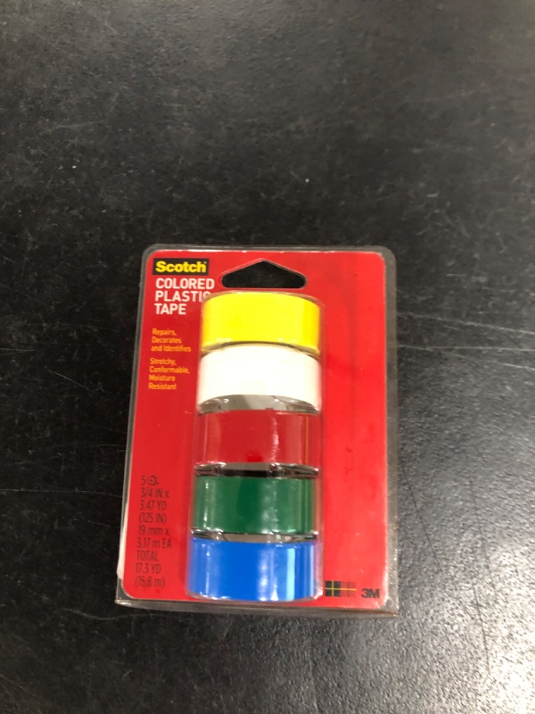Photo 1 of Scotch 190T Plastic Tape, 3/4 inches by 125 inches, Red, White, Blue, Yellow & Green, 5 Rolls, 75" Width, Multi-Color Pack, 10 Foot 0.75" Width Multi-Color Pack