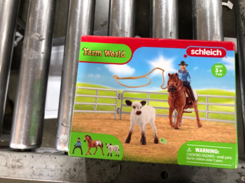 Photo 2 of Schleich Farm World Rodeo Roping Playset - Cowgirl Rodeo Rider Figurine with Cow, Pen, and Rope, Realistic Western Rodeo Farm Toys and Accessories, 9-Piece Kids Toy for Boys and Girls Team Roping with Cowgirl