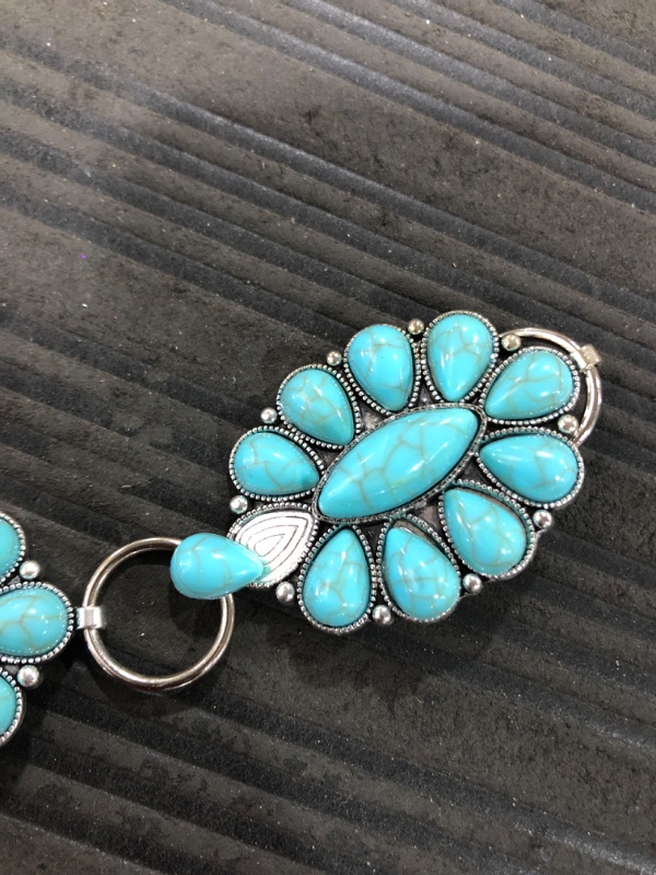 Photo 3 of 2 Pcs Western Turquoise Flower Concho Chain Belt for Women and Concho Statement Earrings Set Adjustable Metal Boho Turquoise Cowgirl Jewelry for Jeans or Dress