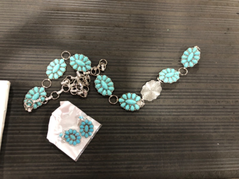 Photo 2 of 2 Pcs Western Turquoise Flower Concho Chain Belt for Women and Concho Statement Earrings Set Adjustable Metal Boho Turquoise Cowgirl Jewelry for Jeans or Dress