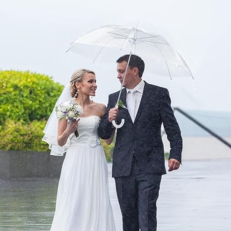 Photo 1 of  Clear Umbrella Wedding Stick Umbrella Automatic Open Clear Umbrella with J Hook Handle Canopy Windproof Umbrella for Wedding Rain Bride