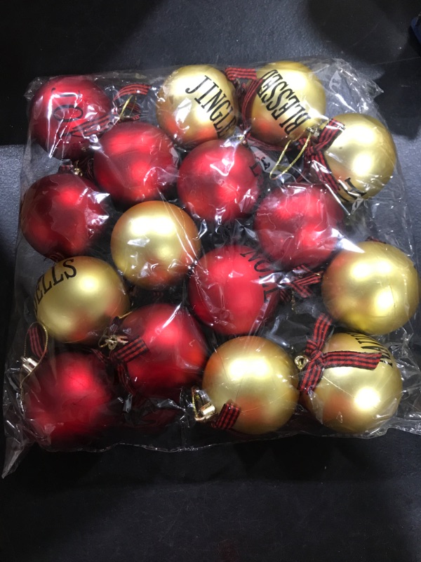 Photo 2 of 16 Pieces Christmas Ball Hanging Ornament Buffalo Plaid Xmas Tree Ornaments Matte Christmas Word Hanging Decoration with Bows for Farmhouse Party Supply (Black Red Plaid, Red and Gold Ball, 3 Inch) 3 Inch Black Red Plaid, Red and Gold Ball