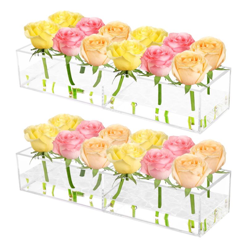 Photo 1 of 2Pcs Rectangular Flowers Vases Clear Acrylic Modern Vases 12 Inches Long Rectangle Flower Vase Centerpiece for Dining Table Decorative Vase for Home Decor Wedding(12 Holes)