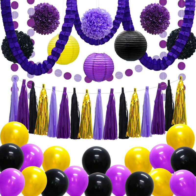 Photo 1 of 44pcs Purple Gold Party Decorations Kits with Balloons,Paper Lanterns,Tissue Pom Poms Flowers, Tassel Garland Banner Clover Garland for Wedding Birthday Graduation Party Decoration Purple-black