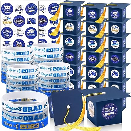 Photo 1 of 150 Pcs 2023 Graduation Party Favors 72 Pcs Gift Candy Boxes Graduation Wristbands with Stickers Grad Cap Box Class of 2023 Silicone Bracelets for Graduation Party Supplies (Blue)
