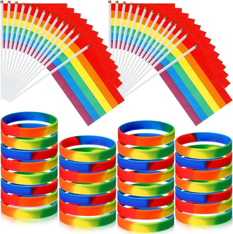 Photo 1 of 60 Pcs Rainbow Pride Silicone Bracelets LGBT Rainbow Small Mini Flag Include 30 Pcs Pride Stick Flags and 30 Pcs Rainbow Wristbands for Boy Girl Festival Party Decorations Supplies Parades
