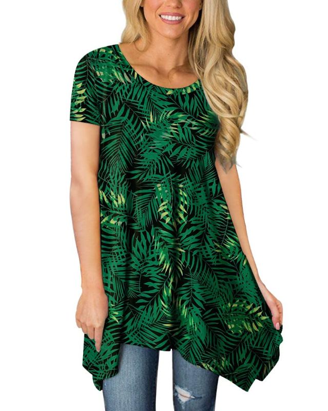 Photo 1 of BISHUIGE Womens Summer Short Sleeve Irregular Hem Loose Tunic Tops Flowy Blouses Shirt Big Green Leaf EXTRA Large