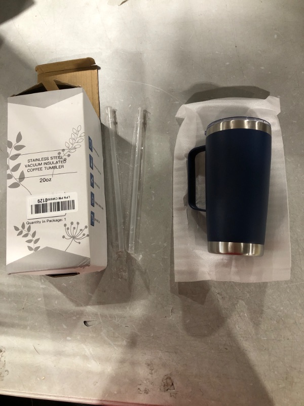 Photo 2 of 20 oz Tumbler Mug with Lid and Straw Insulated Travel Coffee Mug with Handle Double Wall Stainless Steel Vacuum Coffee Tumbler Thermal Coffee Cup Navy Blue