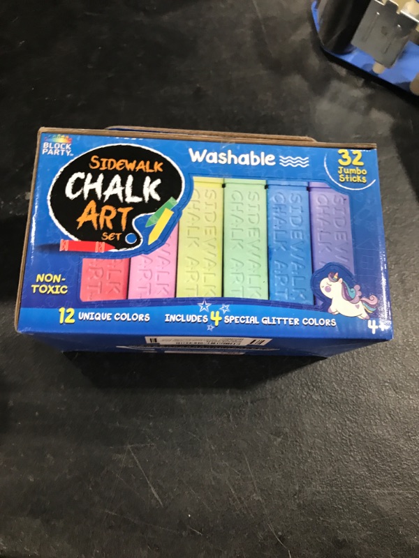 Photo 2 of Block Party Sidewalk Chalk 32-Piece Art Set - BIG BOLD Colors Includes 4 Glitter Chalk That Sparkle, Square Non-Roll Kids Chalk, Washable