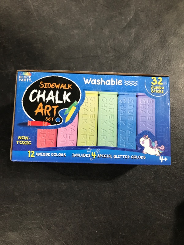 Photo 2 of Block Party Sidewalk Chalk 32-Piece Art Set - BIG BOLD Colors Includes 4 Glitter Chalk That Sparkle, Square Non-Roll Kids Chalk, Washable