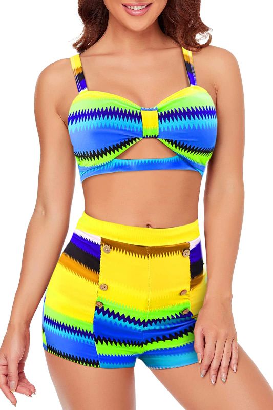 Photo 1 of B2prity High Waisted Swimsuit for Women Cute Two Piece Bathing Suit Cut Out Bikini Set Tummy Control Swimwear with Boyshorts Yellow Size M