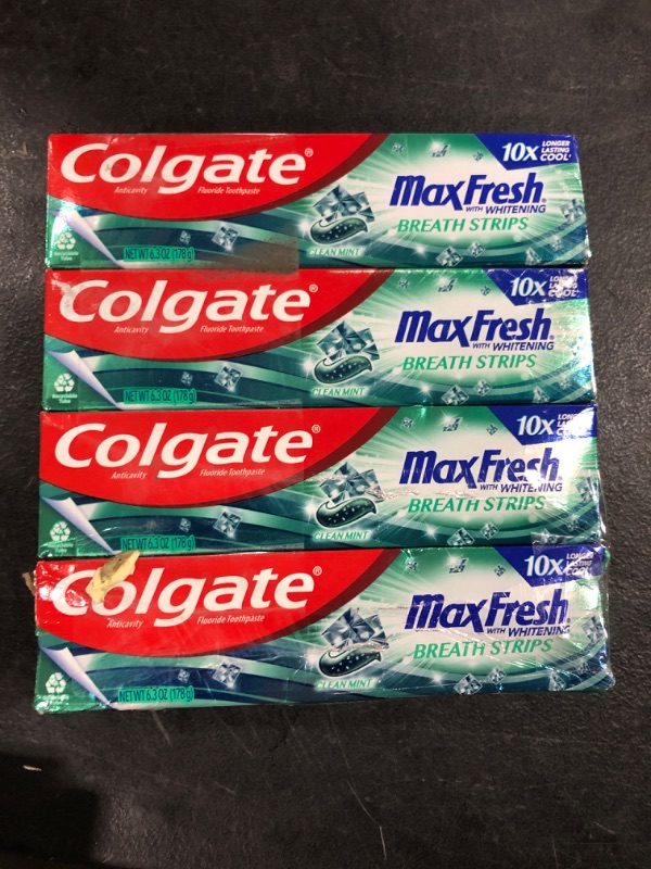 Photo 1 of Colgate Max Fresh Toothpaste, Whitening Toothpaste with Mini Breath Strips, Clean Mint Toothpaste for Bad Breath, Helps Fight Cavities, Whitens Teeth, and Freshens Breath, 4 Pack, 6.3 Oz Tubes 6.3 Ounce (Pack of 4) Clean Mint