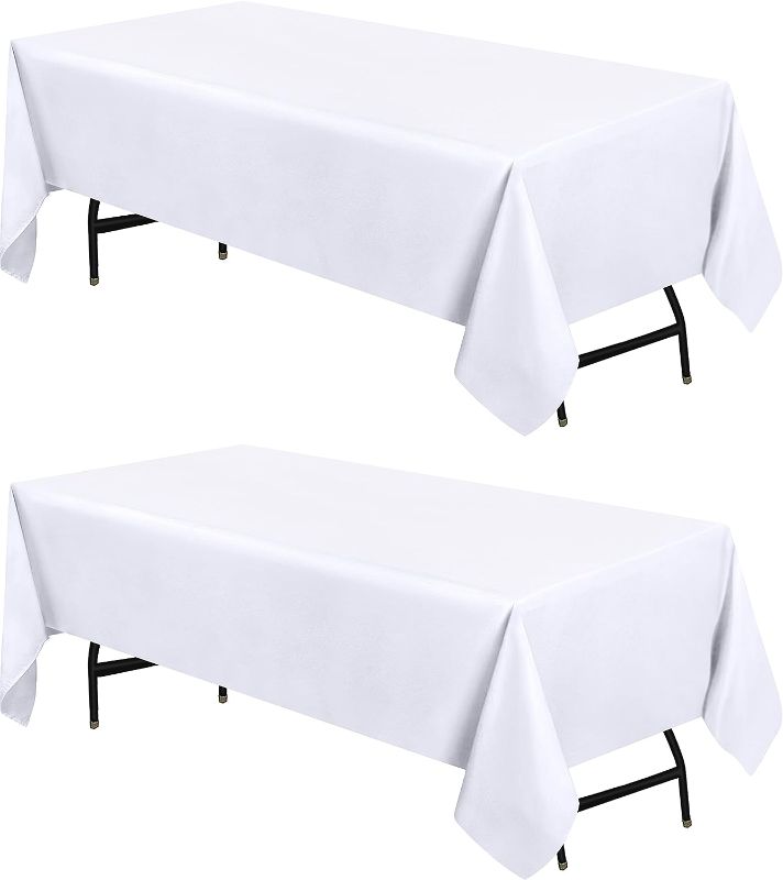 Photo 1 of  Table Cloth 2 Pack [90x132 Inches, White] Tablecloth Machine Washable Fabric Polyester Table Cover for Dining, Buffet Parties, Picnic, Events, Weddings and Restaurants