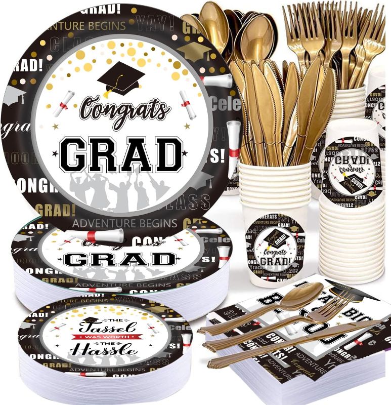 Photo 1 of 2023 Graduation Party Supplies Tableware Set - 25 Set Graduation Disposable Tablecloth Dinnerware Set - College Graduation Party Favor Decoration for Law School Eve Party, Black Graduation Plate
