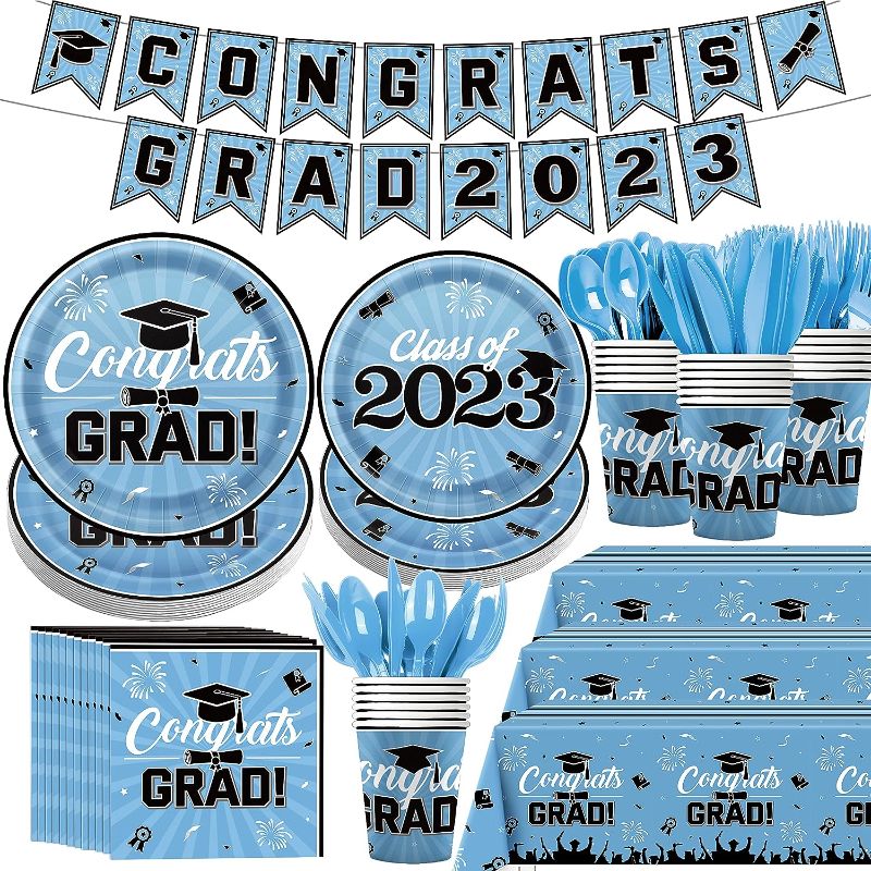 Photo 1 of 2023 Light Blue Graduation Party Supplies(Serve 24) Congrats Grad Disposable Tableware Set-Paper Plate Cup Napkin Cutlery,Tablecloth,Banner for Class of 2023 Decorations Light Blue Graduation Party Decorations
