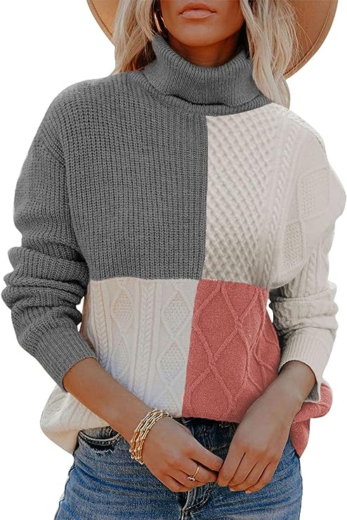 Photo 1 of AlvaQ Womens Color Block Turtleneck Sweaters for Women Long Sleeve Cable Knit Pullover Jumper Tops,M