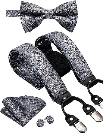 Photo 1 of Dubulle Mens Clips Suspenders and Pre tied Bow Tie Set with Pocket Square Y Shape Adjustable Braces
