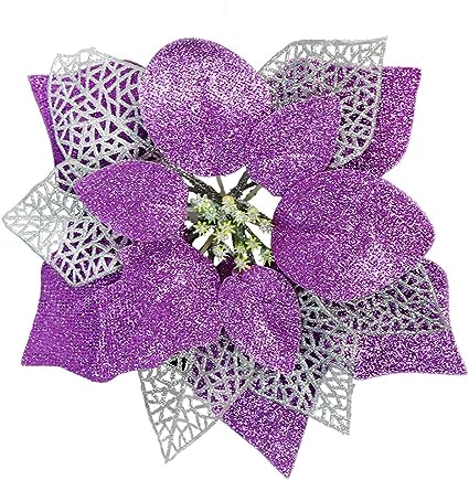 Photo 1 of YOSICHY Glitter Christmas Poinsettia Flowers Artificial Christmas Tree Ornaments Decorations with Stems Pack of 12(Silver&Purple)
