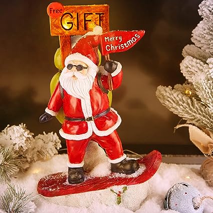 Photo 1 of 13'' Christmas Santa Claus Snowboarding Figurines Decorations with Solar Light, Mrsvirop Resin Indoor Outdoor Christmas Figurines Table Statues Collectibles for Xmas Home Bathroom Table Top Décor
